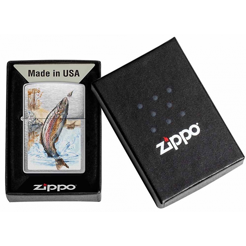 Zapalovač Zippo 21862 Jumping Trout Brushed Chrome, plynový, dvoutryskový