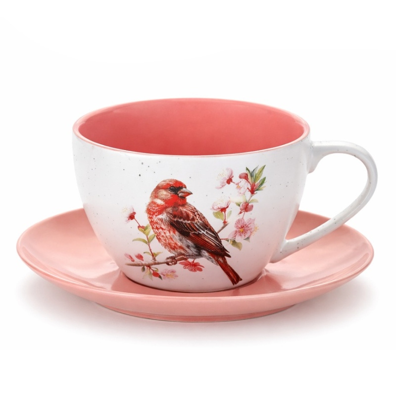 Šálek s podšálkem 300 ml, porcelán, ptáček (11), lososový