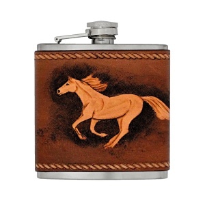 Ručně malovaná placatka v pravé kůži, 170ml, Kůň D102