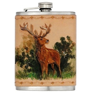 Ručně malovaná placatka v pravé kůži, 220ml, Jelen D105