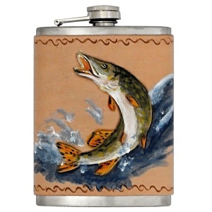 Ručně malovaná placatka v pravé kůži, 220ml, Ryba D106