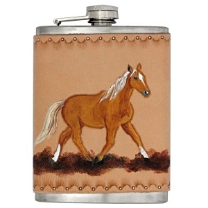 Ručně malovaná placatka v pravé kůži, 220ml, Kůň D107