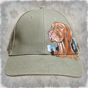 Ručně malovaná čepice s kšiltem Vižla, šedozelená