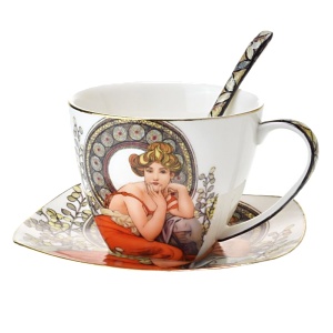 Šálek s podšálkem 2x 250ml, Alfons Mucha, Topaz, bílý (01)