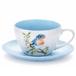 Šálek s podšálkem 300 ml, porcelán, ptáček (09), modrý