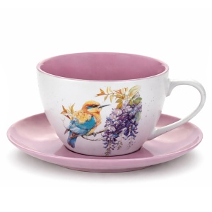 Šálek s podšálkem 300 ml, porcelán, ptáček (10), fialový