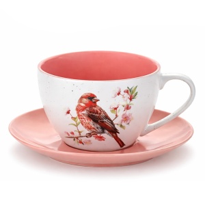 Šálek s podšálkem 300 ml, porcelán, ptáček (11), lososový