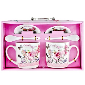 Hrnek 2x 300ml, podšálek, Bicykl s růží, kufřík