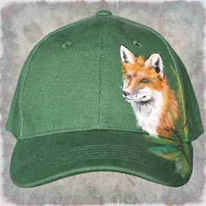 Ručně malovaná čepice s kšiltem Liška, tmavě zelená