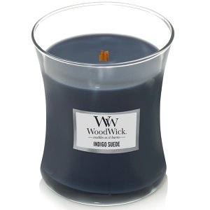 Svíčka WoodWick Indigo Suede, váza, střední