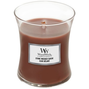 Svíčka WoodWick Stone Washed Suede, váza, střední
