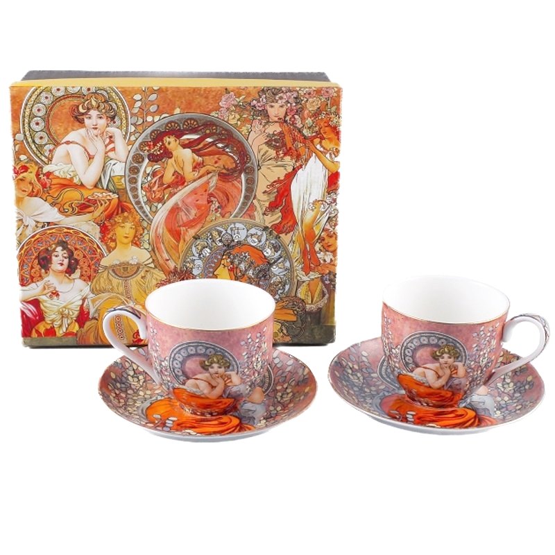 Sada šálek s podšálkem 2x 250ml, Alfons Mucha, Topaz, hnědý