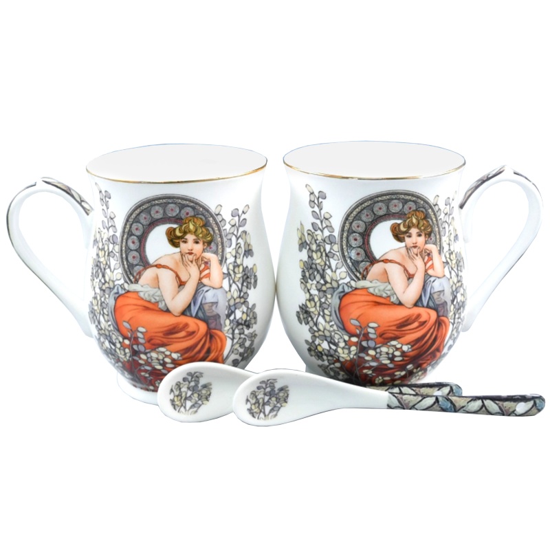Hrnek 2x 350ml, Srdce, Alfons Mucha, Topaz bílý