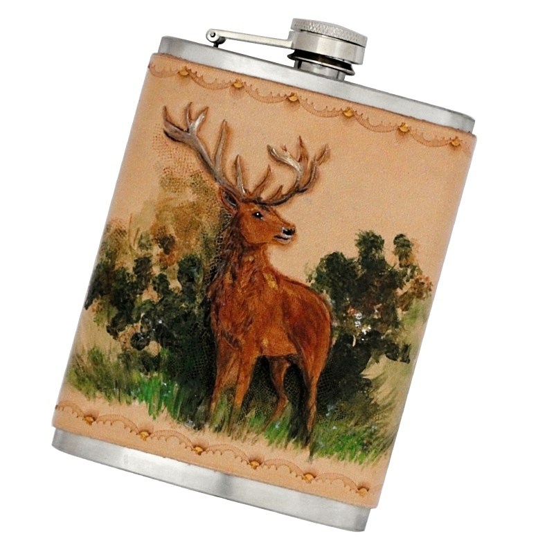 Ručně malovaná placatka v pravé kůži, 220ml, Jelen D105