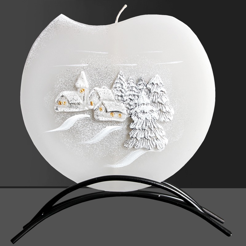 Svíčka, ručně malovaná, plochá 3D, Zimní chaloupka 145