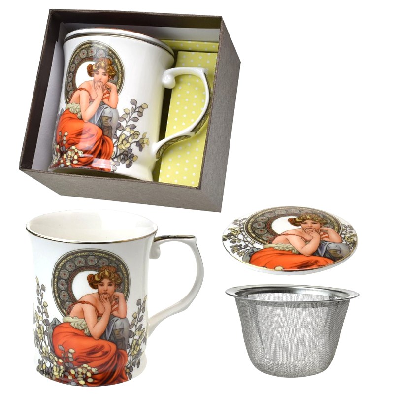 Hrnek bylinkový 380 ml s filtrem, Alfons Mucha, Topaz, bílý