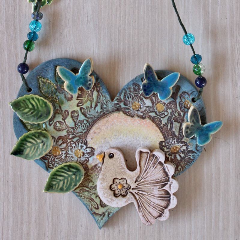 Srdíčko holubička 13 cm, zdobený závěs