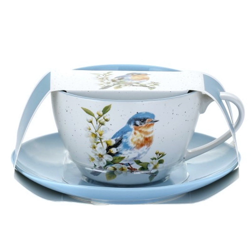 Šálek s podšálkem 300 ml, porcelán, ptáček (09), modrý