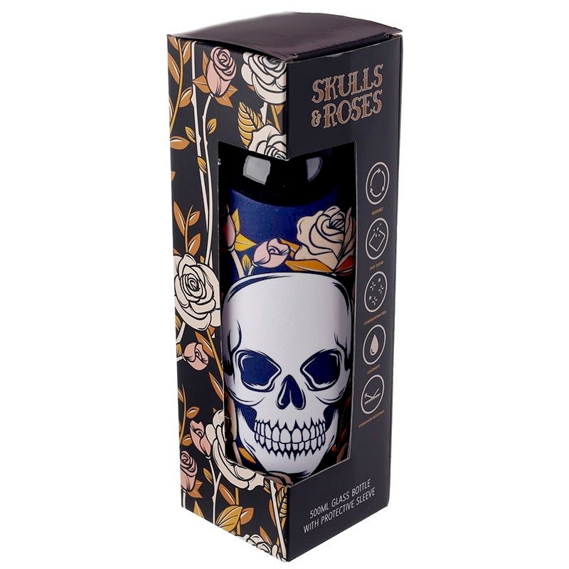 Láhev skleněná 500 ml v obalu, Lebka s růžemi