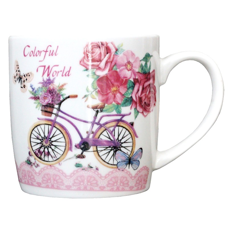 Hrnek 2x 300ml, podšálek, Bicykl s růží, kufřík