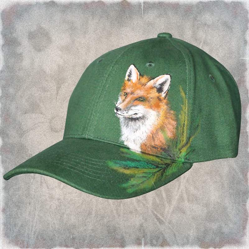 Ručně malovaná čepice s kšiltem Liška, tmavě zelená