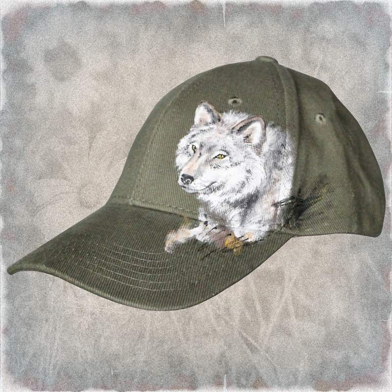 Ručně malovaná čepice s kšiltem Vlk, khaki