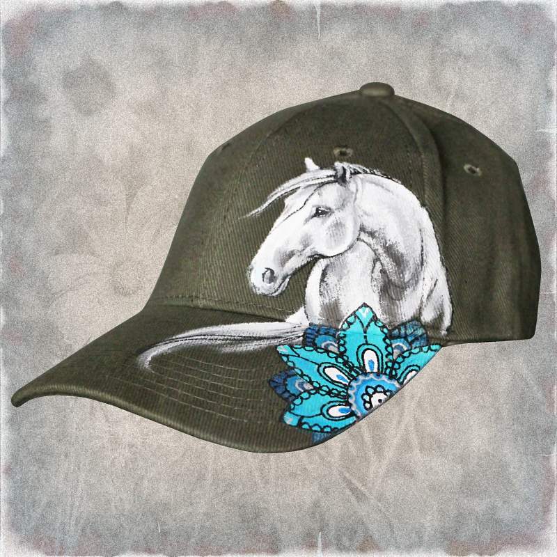 Ručně malovaná čepice s kšiltem kůň, Algebra, modrá mandala