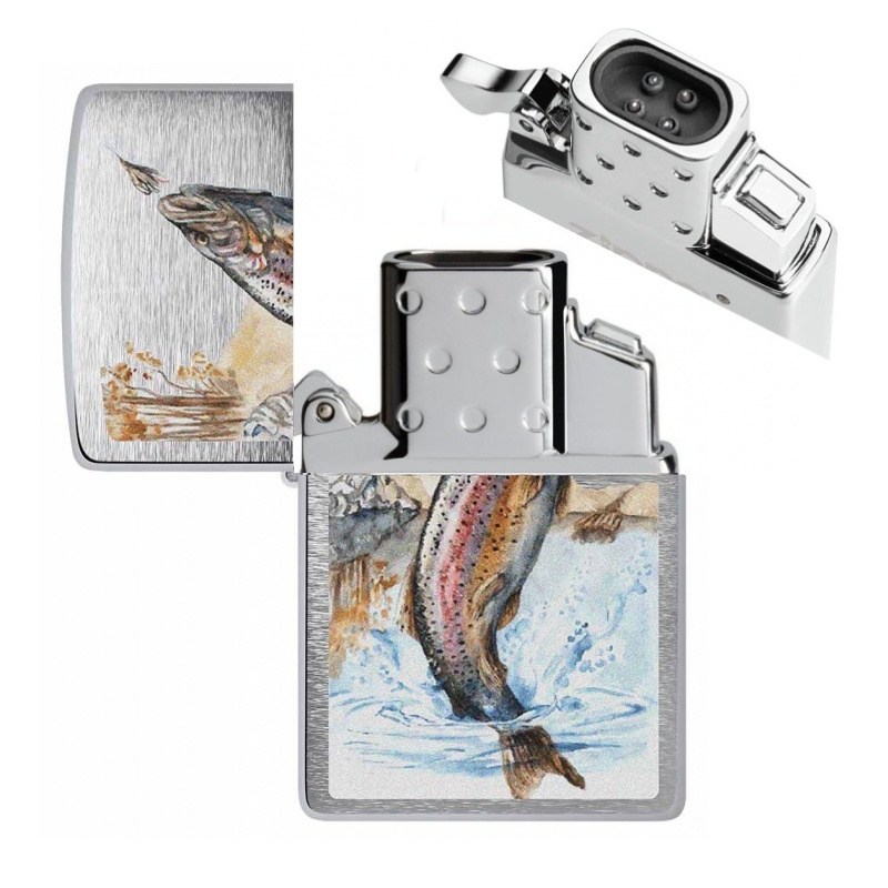 Zapalovač Zippo 21862 Jumping Trout Brushed Chrome, plazmový, USB