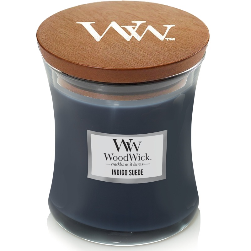 Svíčka WoodWick Indigo Suede, váza, střední