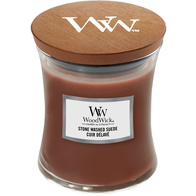 Svíčka WoodWick Stone Washed Suede, váza, střední