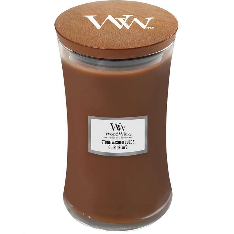 Svíčka WoodWick Stone Washed Suede, váza, velká