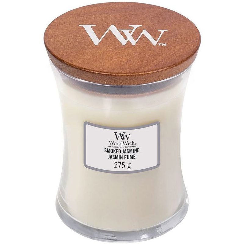 Svíčka WoodWick Smoked Jasmine, váza, střední