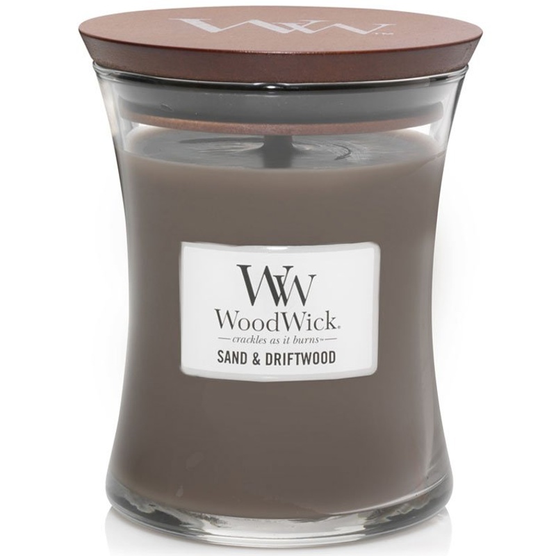 Svíčka WoodWick Sand & Driftwood, váza, střední